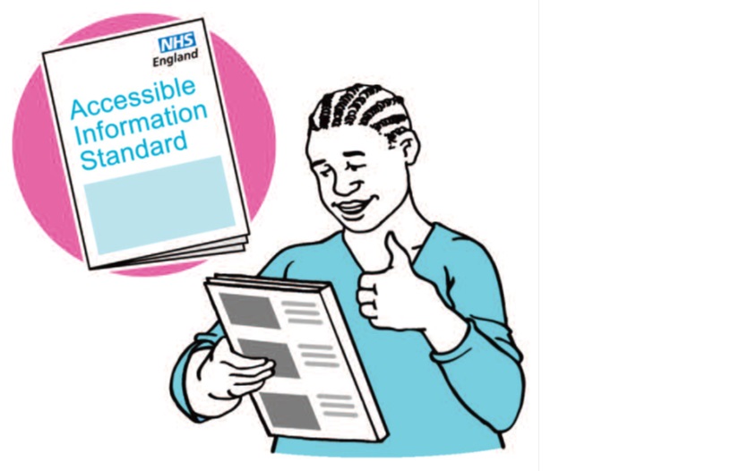 Illustration of a person reading accessible information standard with a thumbs up